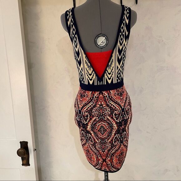 Jealous Tomato knit cream, navy, red patterned  bodycon dress in small - Picture 3 of 12